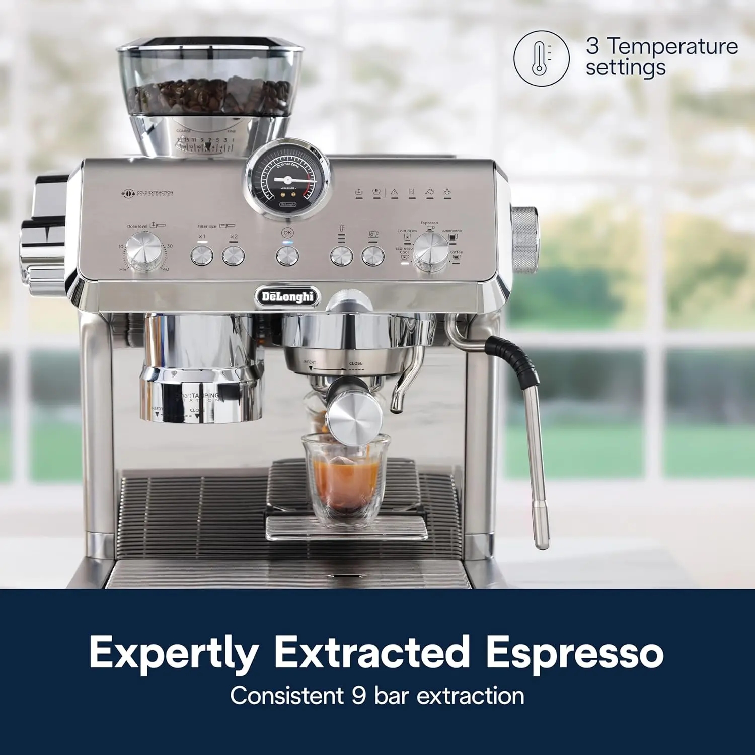 Espresso Machine with Cold Brew, Commercial-style Steam Wand for Latte, Cappuccino, Built-in Grinder, EC9555M