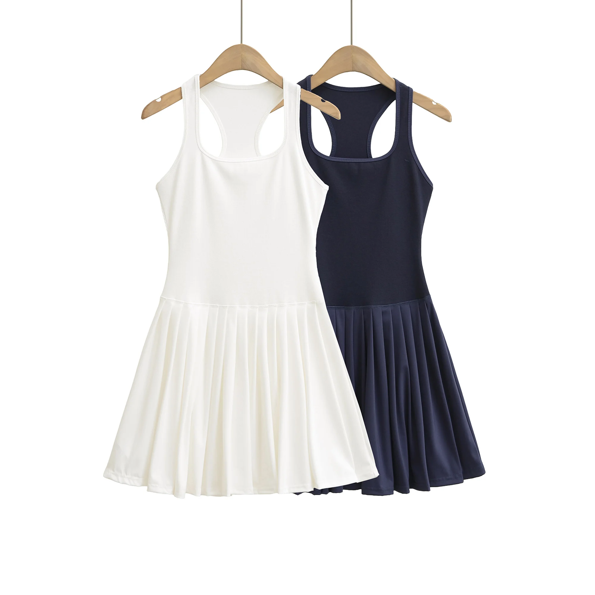 فستان أنيق موديل 2025 بياقة على شكل حرف U من نسيج قطني طويل للنساء مقصوص من الخلف وخصر منخفض وحاشية مطوي بدون أكمام فساتين قصيرة غير رسمية رداء كحلي #5