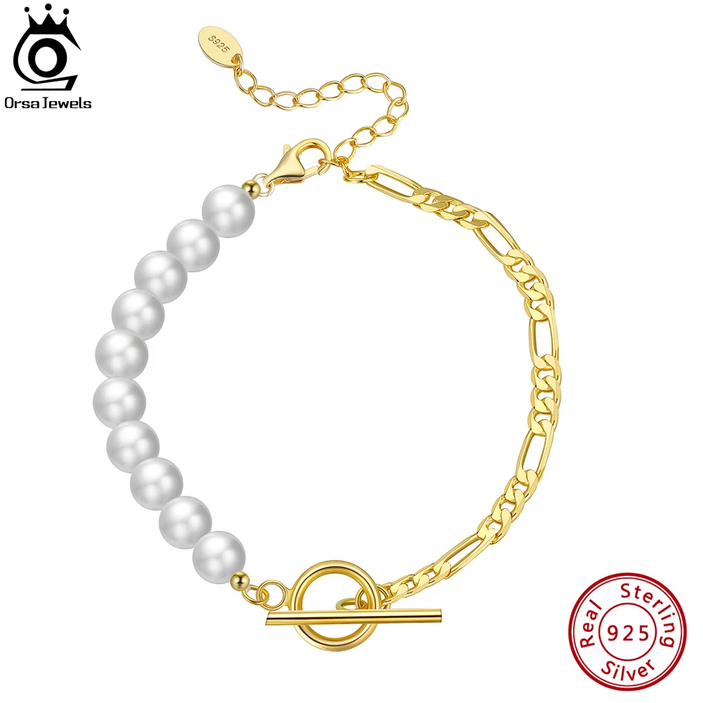 

ORSA JEWELS 14K Gold Sterling Silver Diamond Cut Figaro Link Chain and Half Baroque Pearl Bracelet with OT Toggle Clasp GPB06