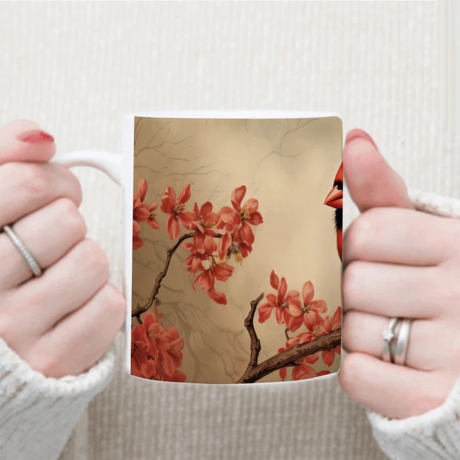 11oz Festive Ceramic Cup with Handle 3D Print Red Bird & Branch Thanksgiving Day Party Birthday Gift Dishwasher Safe Anniversary