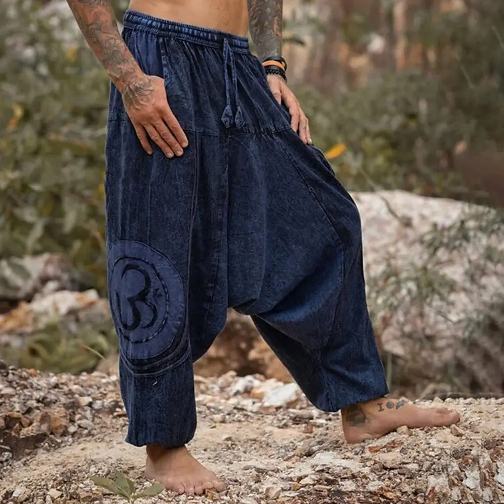 

Casual Trousers Vintage Ethnic Print Men's Loose Drawstring Pants with Side Pockets Comfortable Daily Wear Trousers Men Long