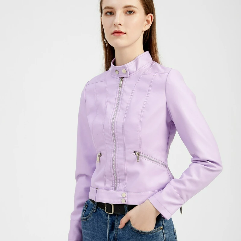 패셔너블한 단색 지퍼 스탠드업 칼라 여성 가죽 재킷 봄과 가을 2026 여성용 짧은 가죽 외투
