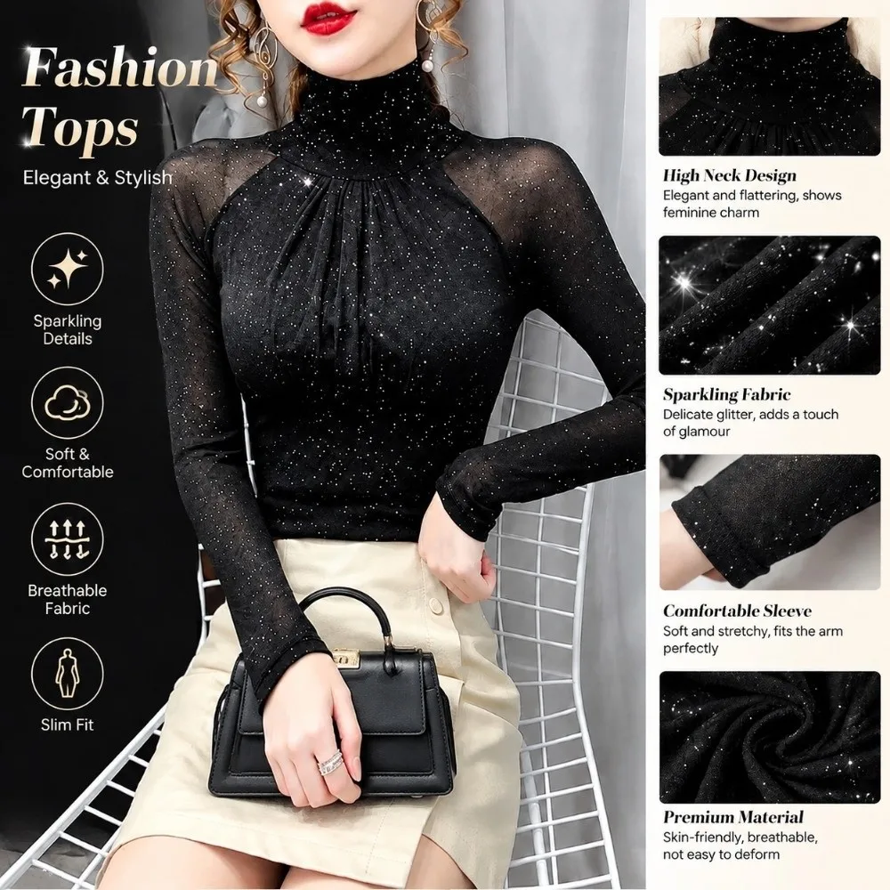 Elegant Mesh Lace Blouse Ruched Front Fleece‑Lined Option Mesh Top Slim Fit Glitter Detail Long Sleeve Shirt Daily Wear