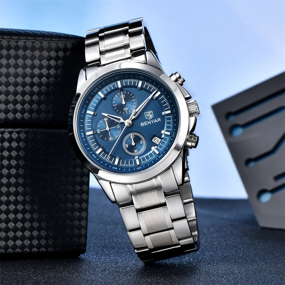 2026 New BENYAR Man Watch Top Brand Luxury Chronograph Quartz Watches Mens Leather 5Bar Waterproof Wristwatches Men Clock Gifts