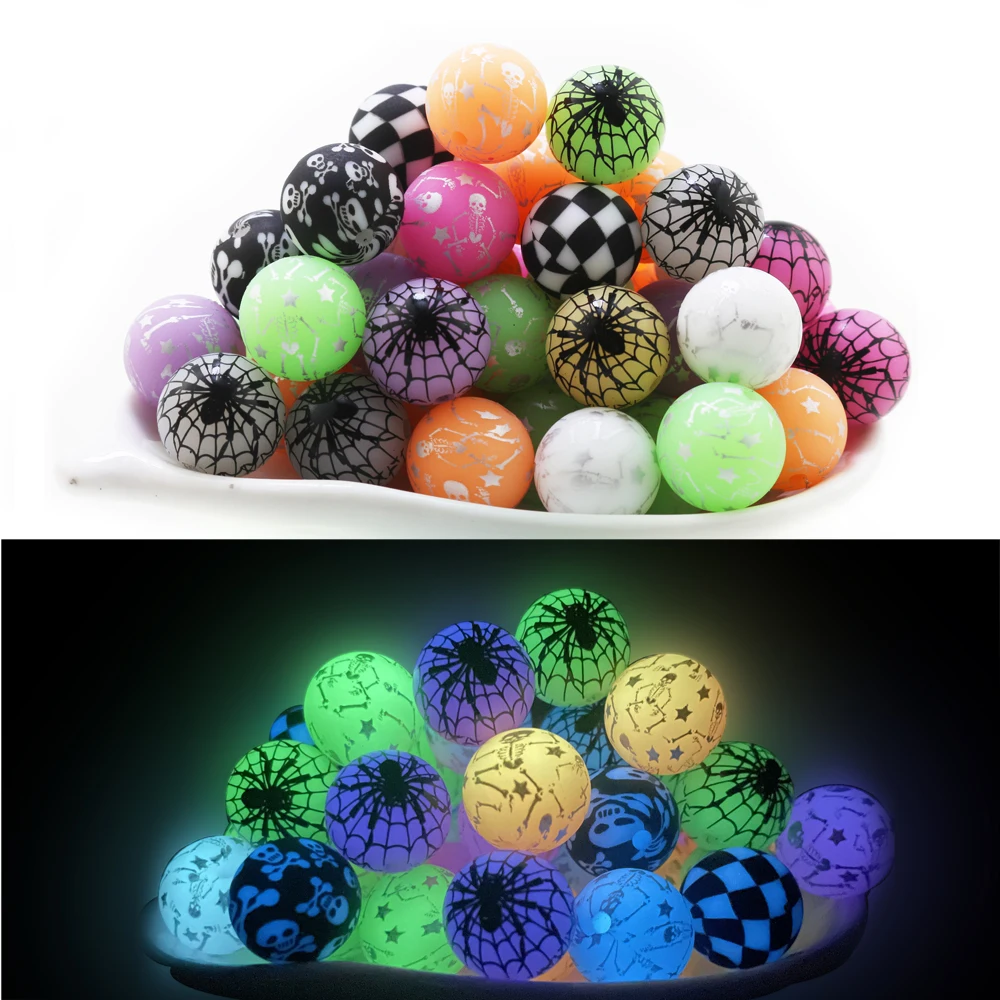 10Pcs New Halloween Spider Web Printing Silicone Beads 15MM Glow In The Dark Shine Dancing Skeleton Skull Beads For DIY Making