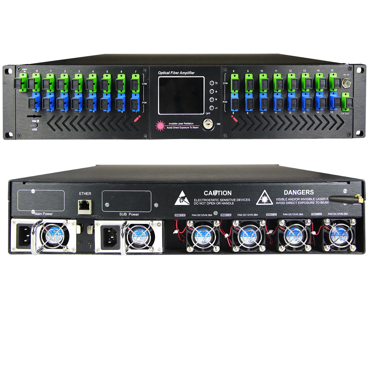 2U High Power FTTH 16-Port EDFA 18DB Output WDM 1550nm Erbium Doped Fiber Amplifier Model 56EYA2-16*18 CATV/HFC Networks 1 Year