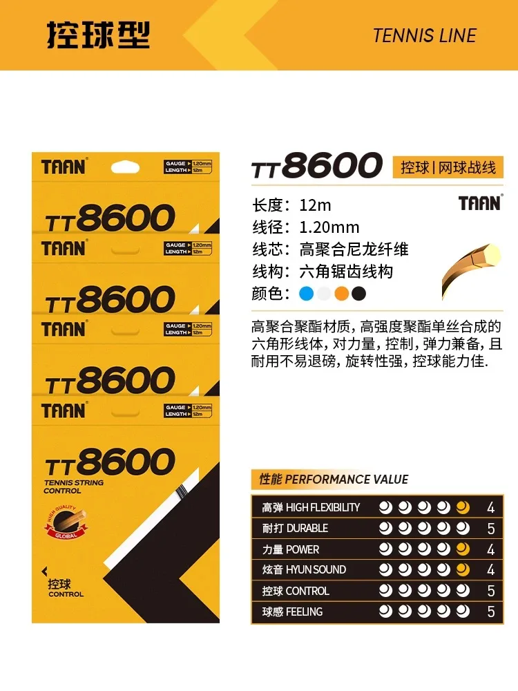 TAAN-Poliestrowa struna do rakiety tenisowej, 6-kątne, 1,20 mm, dobra kontrola, 2 szt., 12M, TT8600