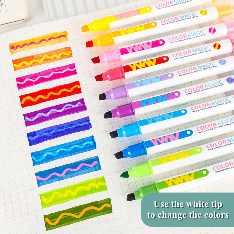 10Pcs Color Changing Dual Tip Highlighter Pens Note Taking Underlining Markers for Coloring Books Journals Notes Planner Drawing