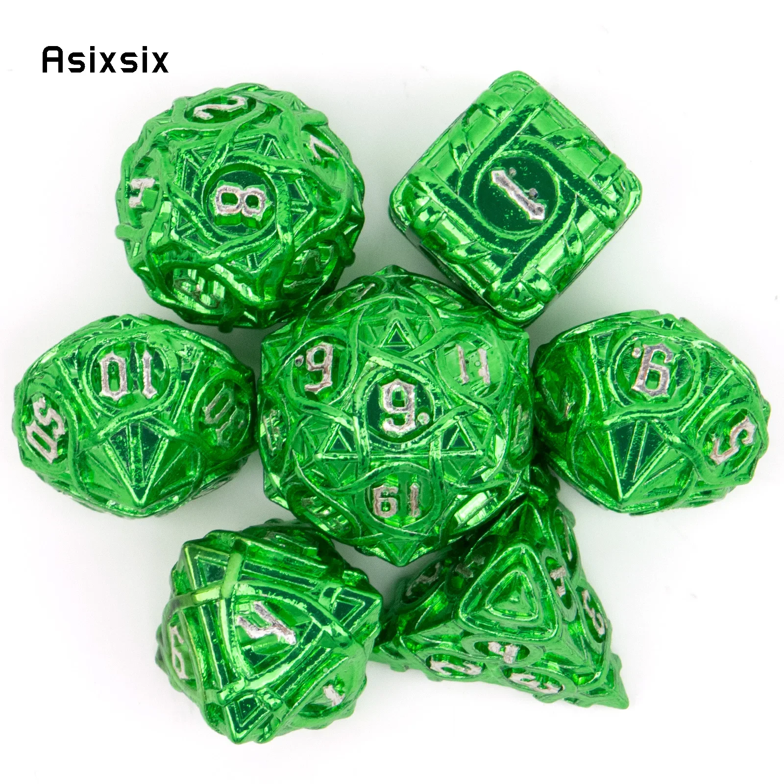 

7 Pcs Green White Stripe Metal Dice Solid Metal Polyhedral Dice Set Suitable for Role-Playing RPG Board Game Card Game