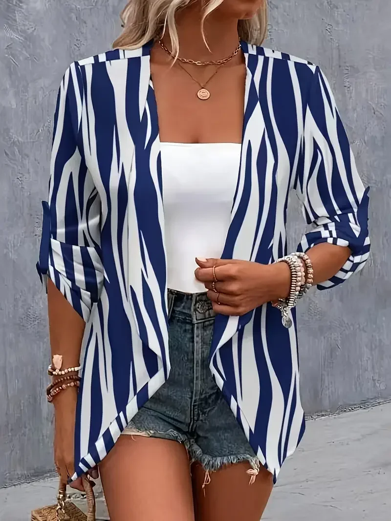 سترة نسائية بطبعة زهور ، تنحنح غير متماثل ، كاجوال للسيدات ، علامة تبويب ، أكمام طويلة ، مقدمة مفتوحة ، مقاس كبير ، 1XL-5XL ، موضة