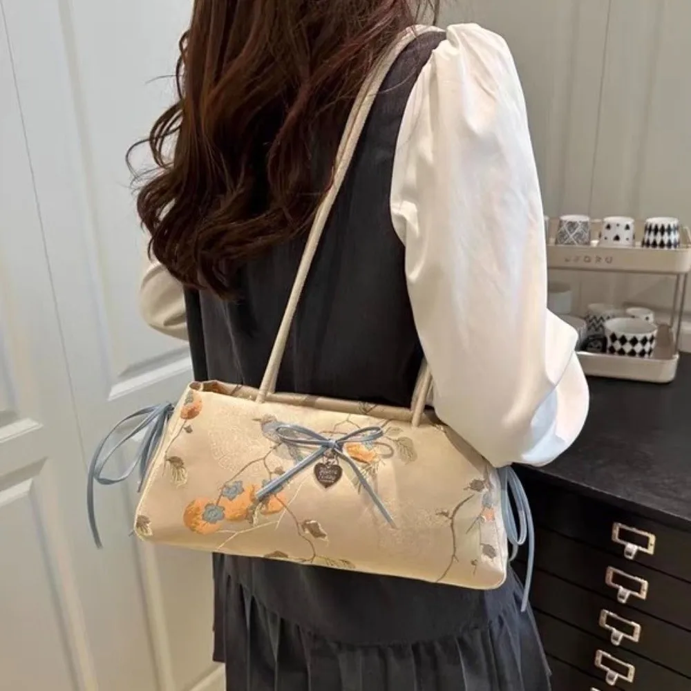 

Fashion Flower French Stick Handbag Cloth Chinese Style Bow Shoulder Bag Large Capacity Ribbon Underarm Bags Girls