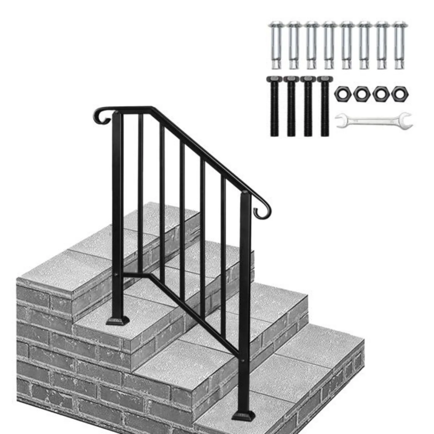 Pasamanos de hierro para peldaños de jardín | Barandilla de escalera ajustable de 2 o3 escalones | Hierro galvanizado, recubrimiento en polvo negro mate | Mano al aire libre
