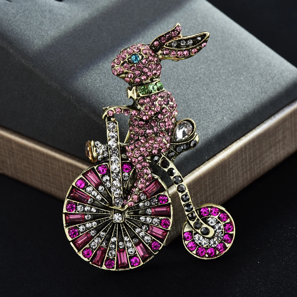 Pink Cyrstal Rabbit Riding Bike Brooch Pins For Women Jewelry Gift