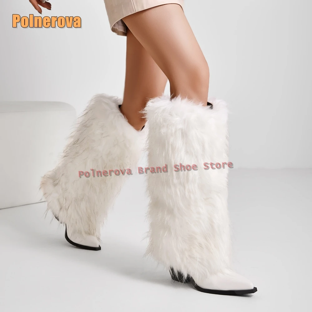 Botas de moda de tacón grueso de piel blanca, zapatos de invierno de estilo callejero con punta estrecha y retales picantes para mujer hasta la rodilla