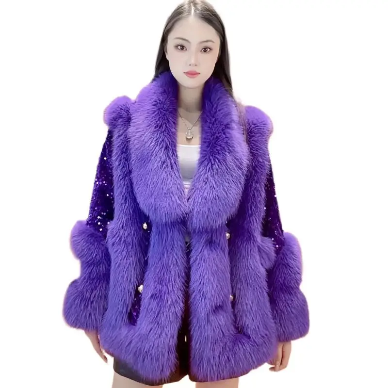 Faux Fur Coats for Women,Fur Collar Jackets,Fur Cuffs Overcoat,Female Clothes,Sequins,Thicken Warm,Luxury,New ,Winter,2025