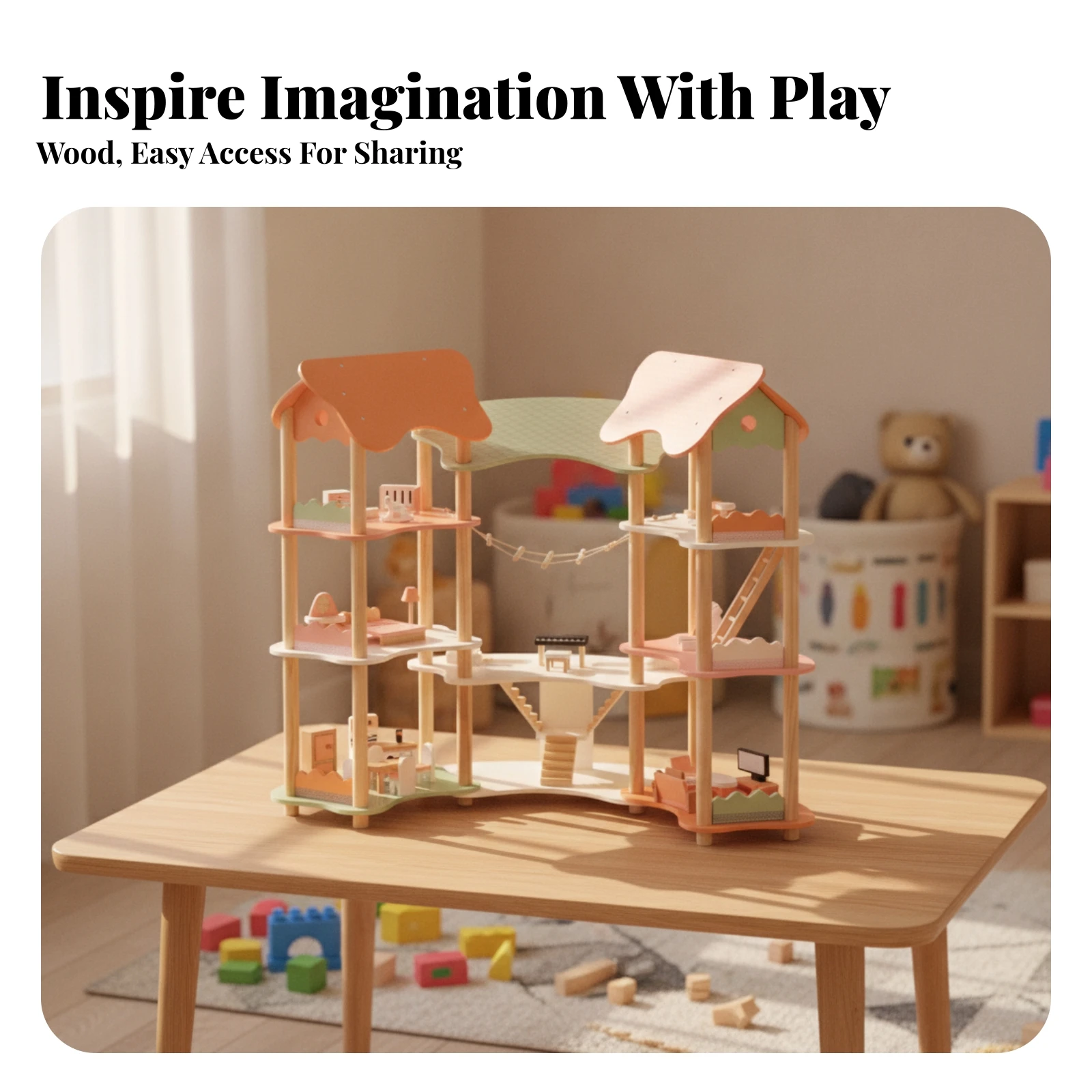 Wooden Dollhouse with Furniture Pastel Wooden Dollhouse Pretend Play House Interactive Toy Non for Kids, Playroom, Nursery