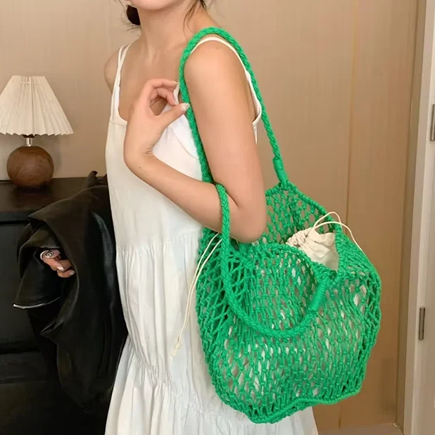

Fashion New Luxury Woven Straw Bag Hollow Shoulder Bag Large Capacity Tote Handmade Bag Cotton Linen Net Bag Beach Holiday Bag