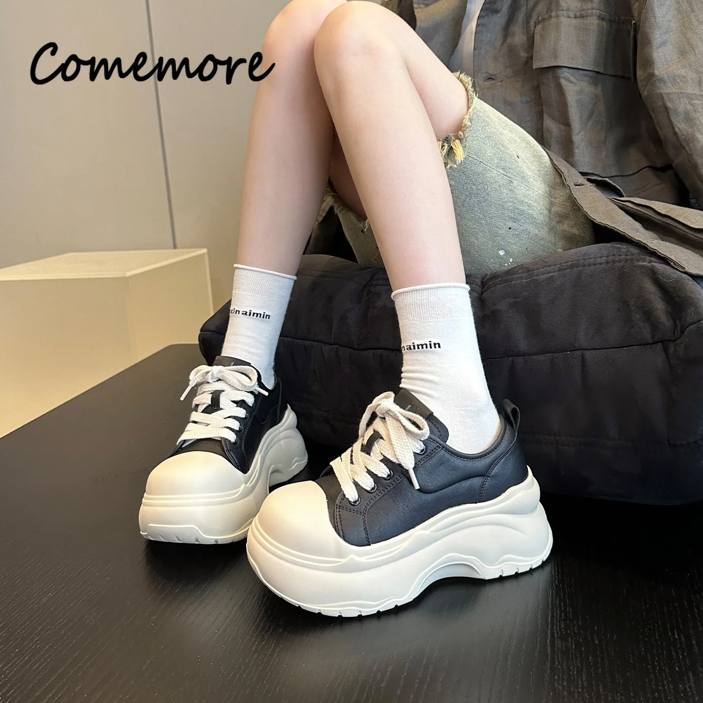 

Comemore 7CM Height Increase Sneakers Fashion Lace Up Thick Bottom Casual Anti-slip Shoes Woman Outdoor Walking Sports Footwears