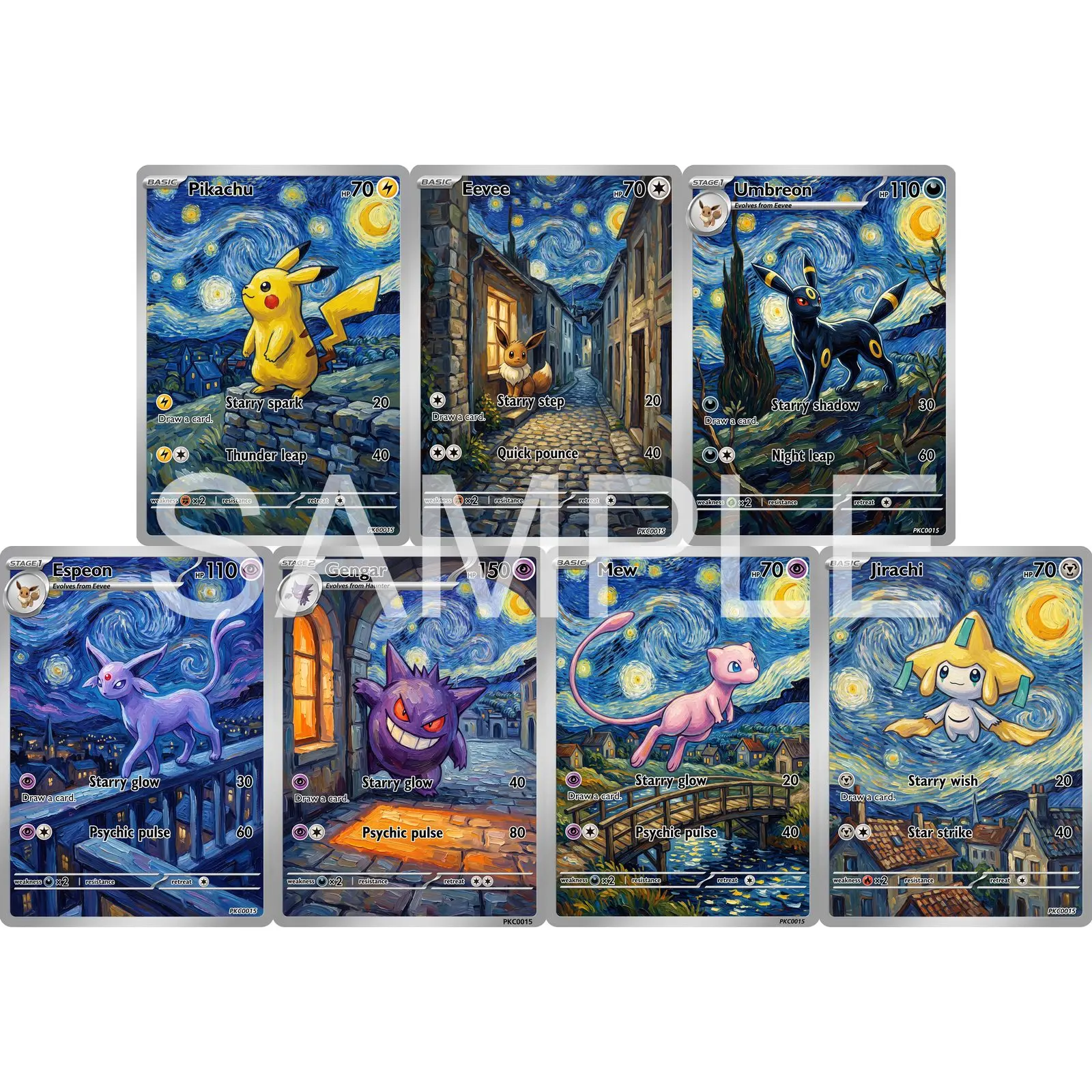 7Pcs PKM Cards PTCG Van Gogh Style Eevee Umbreon Espeon Gengar Mew Jirachi Custom Illustration Collection Cards PTCG Gift