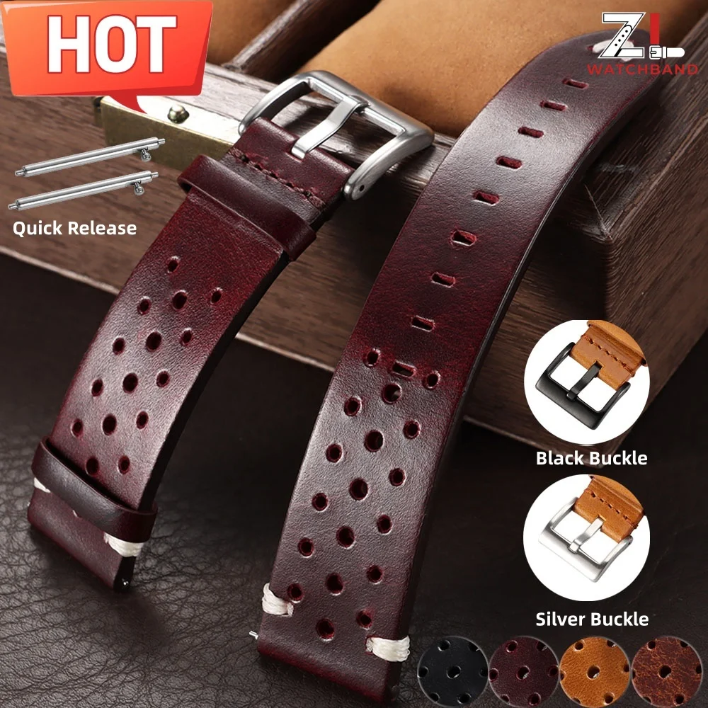 Cowhide Breathable Watchbands 20mm 22mm Oil Wax Leather Vintage Wrist Strap For Samsung Galaxy Watch 46mm Quick Release Belt
