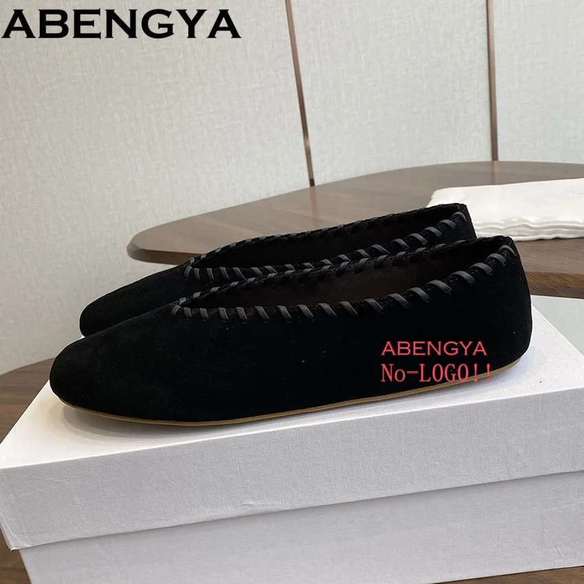 

Spring Suede Leather Loafers Women's Comfy Shallow out Ballets Flats Shoes Round Toe Single Dress Shoes For Woman