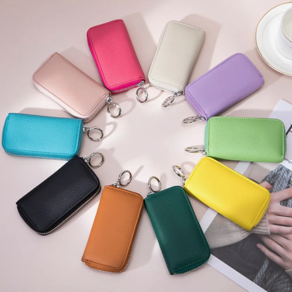 Multifunctional Keychain Pouch Zipper Closure Soft Leather Housekeepers Key Holder Durable Waterproof Car Key Organizer Men