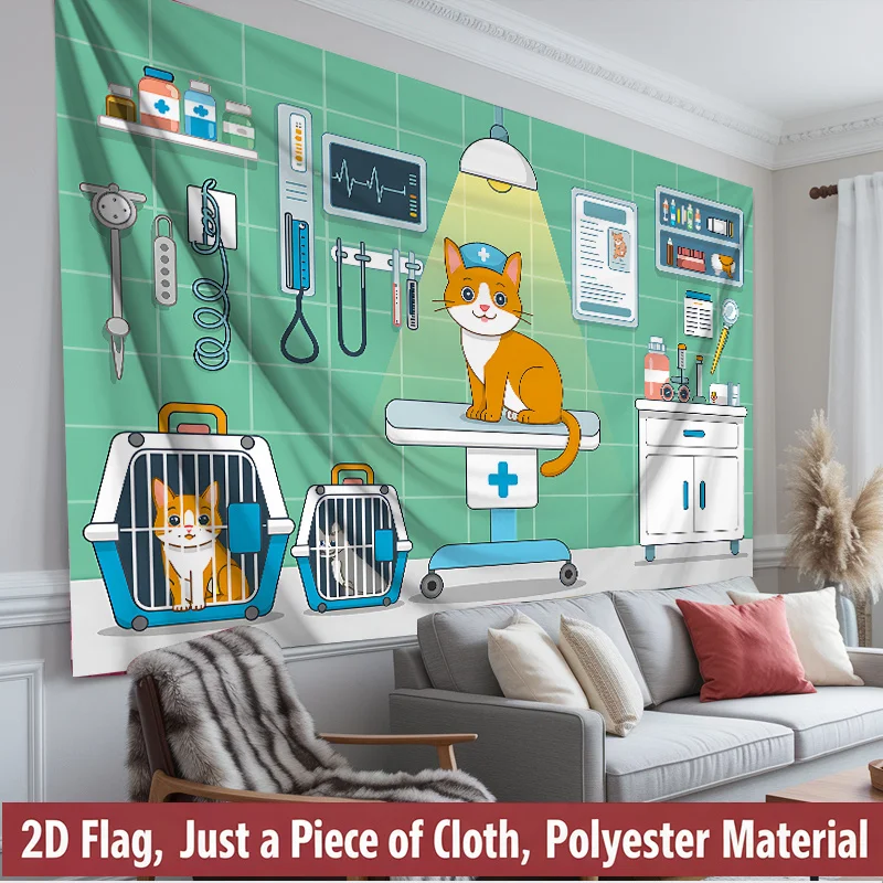 Cute Veterinary Clinic Tapestry Polyester Curtain Nursery Animal Hospital Decor Backdrop Wall Art Pet Doctor Cartoon Background