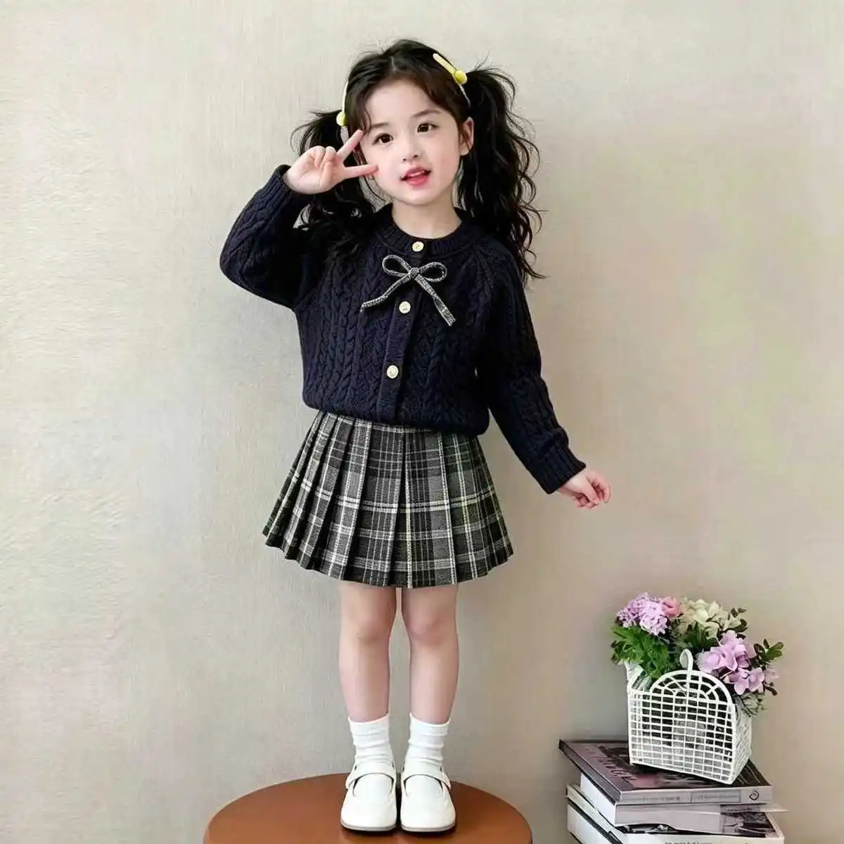 Spring Autumn Princess Style Girls Outfit with Knitted Jacket And Short Skirt with Butterfly Knots 2-Piece Set for Kids