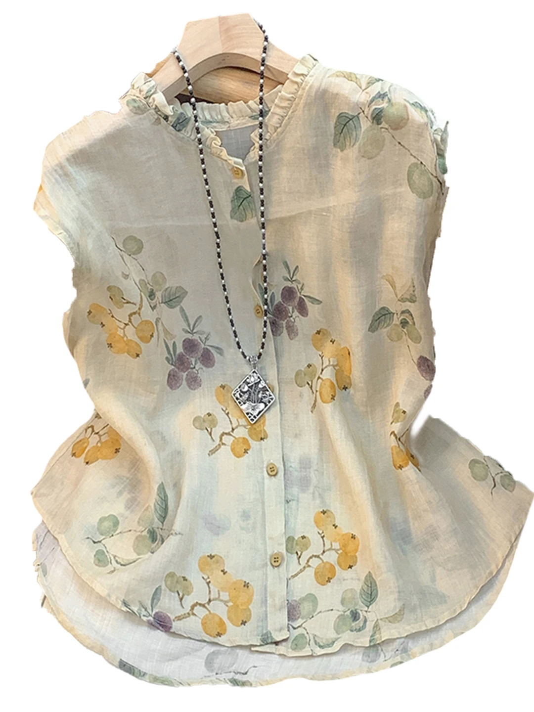 Retro Bluzka z bawełny i lnu w kwiatowy wzór, damska, letnia, w stylu leśnym, artystyczna, luźna, z kołnierzykiem w stylu klapki.