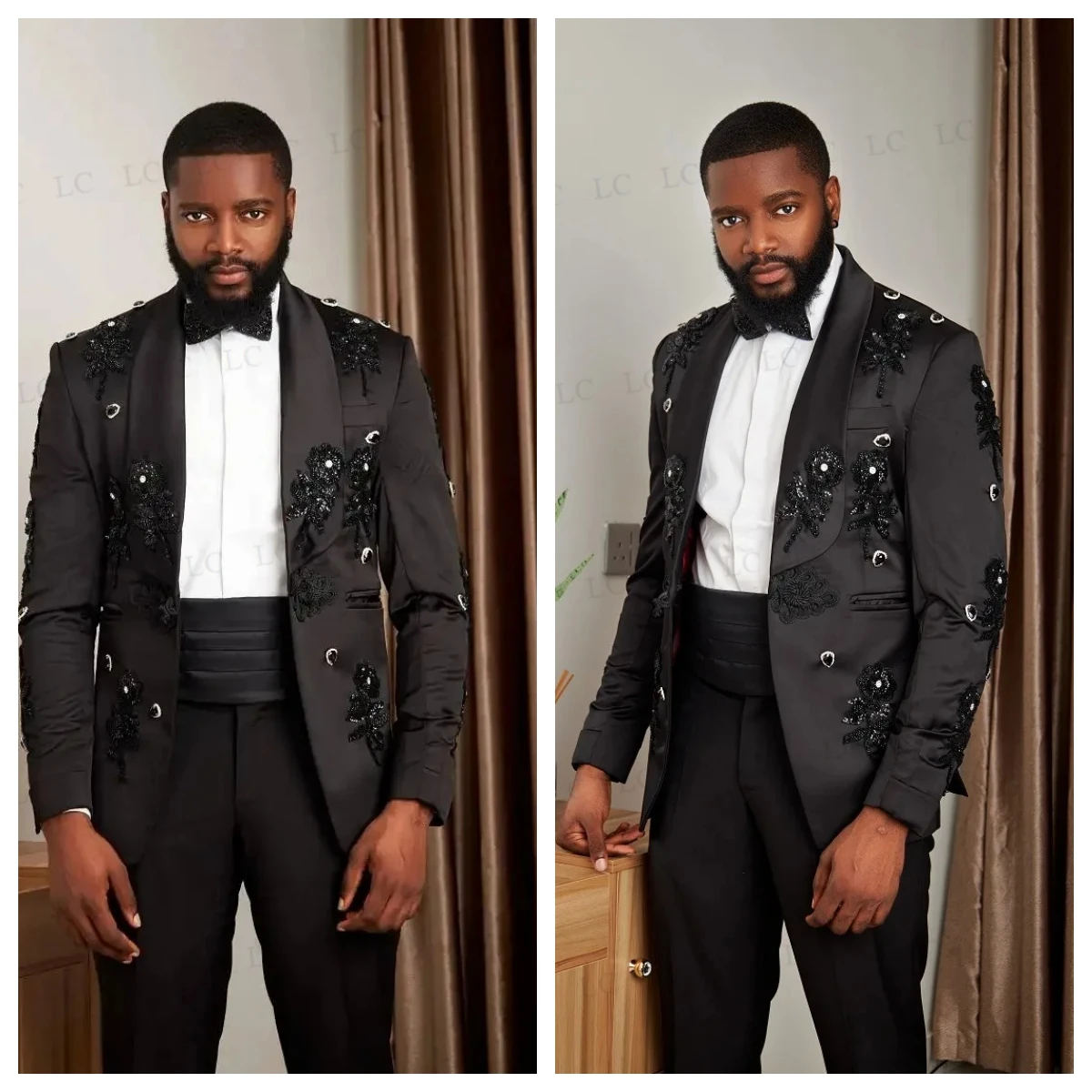 

Appliques Diamonds 2 Pieces Blazer Pants Men Suits Sheer Satin Lapel Fashion Tuxedo Slim Wedding Groom Prom Plus Size Customed