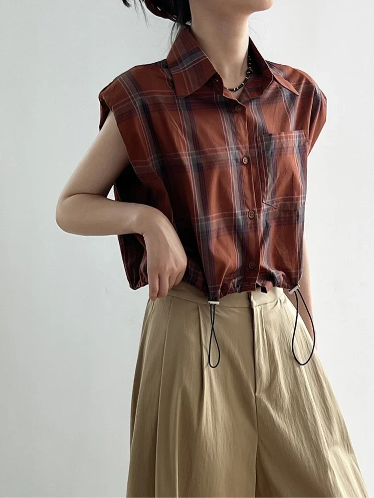 Korean Style Plaid Shirt Women's Summer New Retro Style Casual Sleeveless Shirt Harajuku Casual Tops