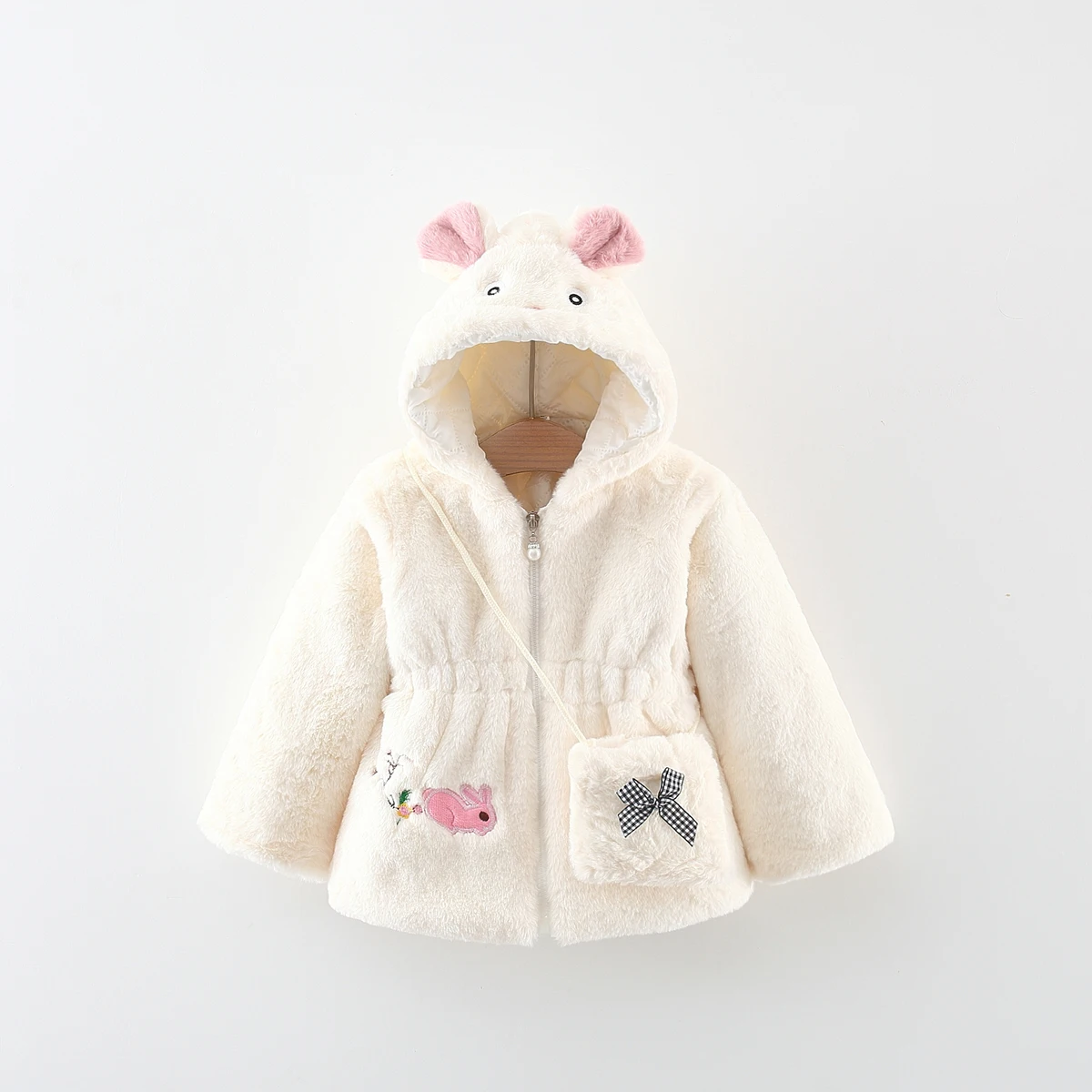 Girls' Autumn and Winter New Wool Sweater Hooded Coat Children's Cartoon Rabbit Embroidery Clip Cotton Top Gift Small Bag