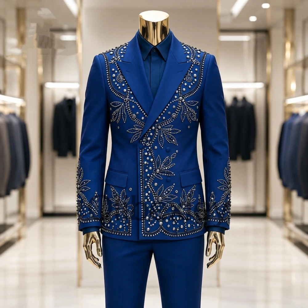 Olibexley Elegant Black Men's Suits Double Breasted Groom Wedding Classic Slim Fit Beaded Crystal Prom Tuxedo Customized S236