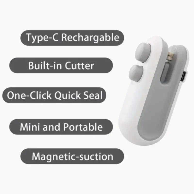 ماكينة غلق طعام USB صغيرة 2 في 1 مع ختم ومقطع للحرارة، بطارية 300 مللي أمبير في الساعة، 16 وات، مدمجة وخفيفة الوزن للوجبات الخفيفة والبقايا والنضارة، T