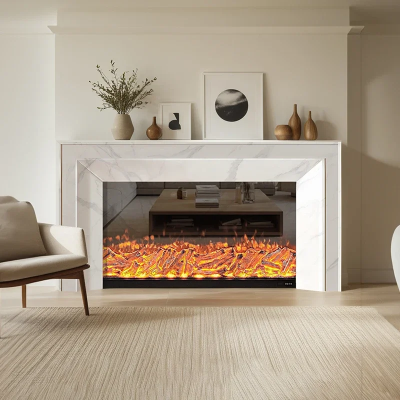 1.5 Meters French Fireplace Decoration Cabinet Web Red Simulation Flame Electronic Core Living Room Simple Marble TV Cabinet