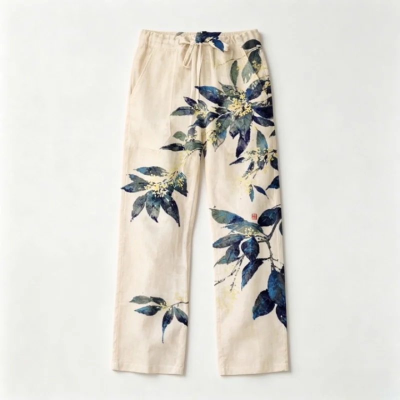 Men Drawstring Elastic Waist Straight Pants Oriental Plum Blossom Floral Print Chinese Style Casual Trousers Holiday Bottoms