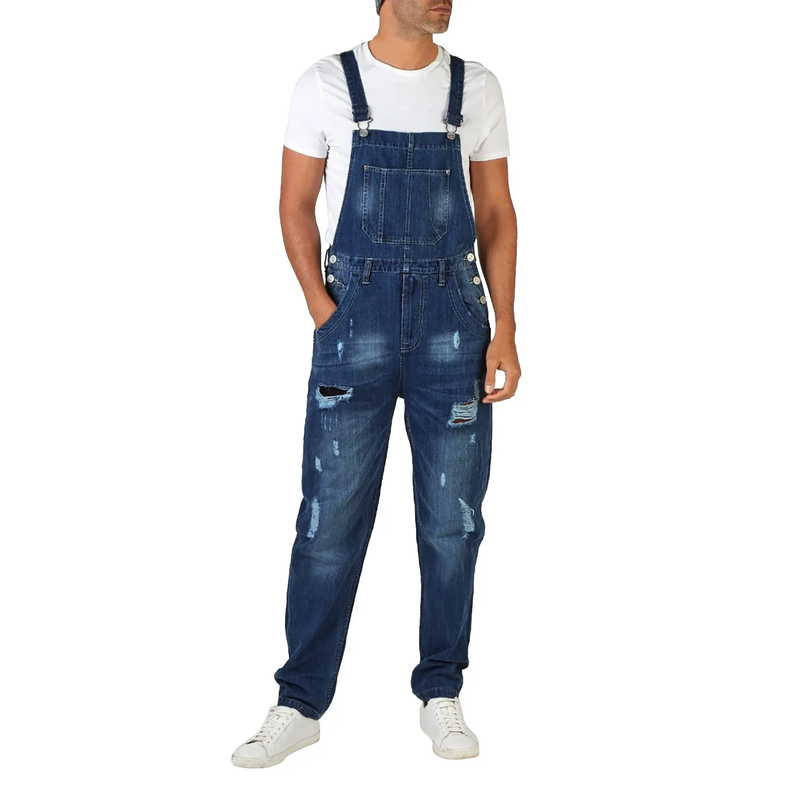 Men'S Fashionable Pocket Denim Jumpsuit Tear Overalls Denim Suspender Trousers Breathable Straight Leg Sweatpants