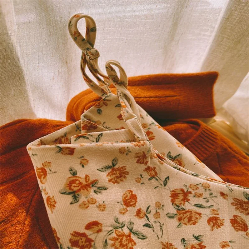 Sleeveless Dresses Women Autumn New Arrival Corduroy Vintage Floral Basic Tender French Style Vestidos Mujer All-match Aesthetic