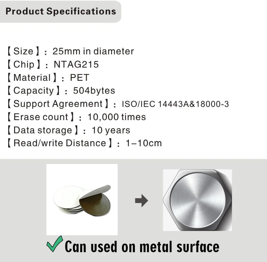 300 Anti Metal NFC Tags NFC Stickers On-Metal White NFC Stickers Compatible with Android & iPhone 504 Bytes Memory Programmable