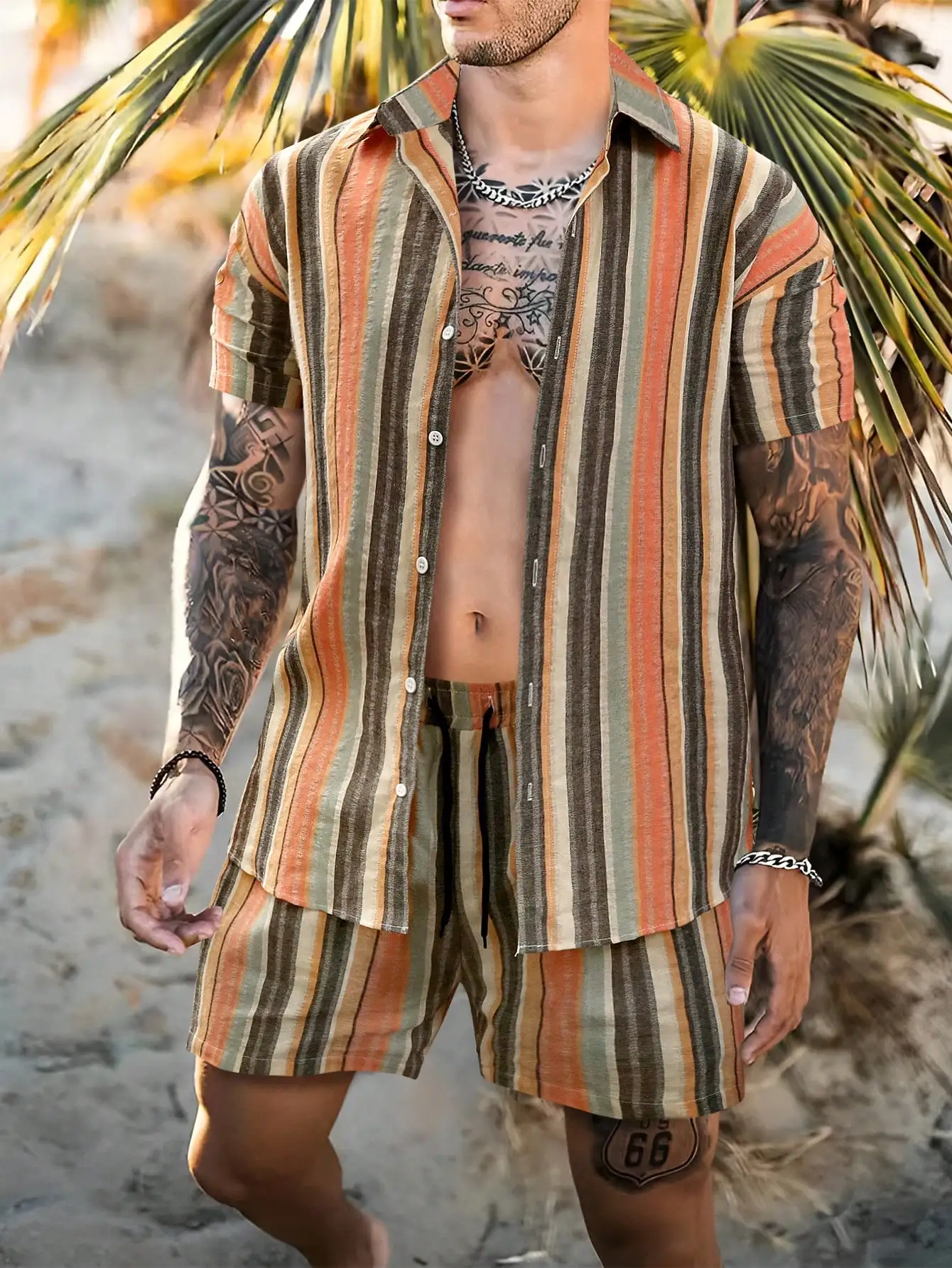 

Men's Clothing Stripe 3D Print Summer Fashion Suit Men's Quick-dry Shirt Loose Drawstring Shorts Men's Vacation Beach Shorts Set