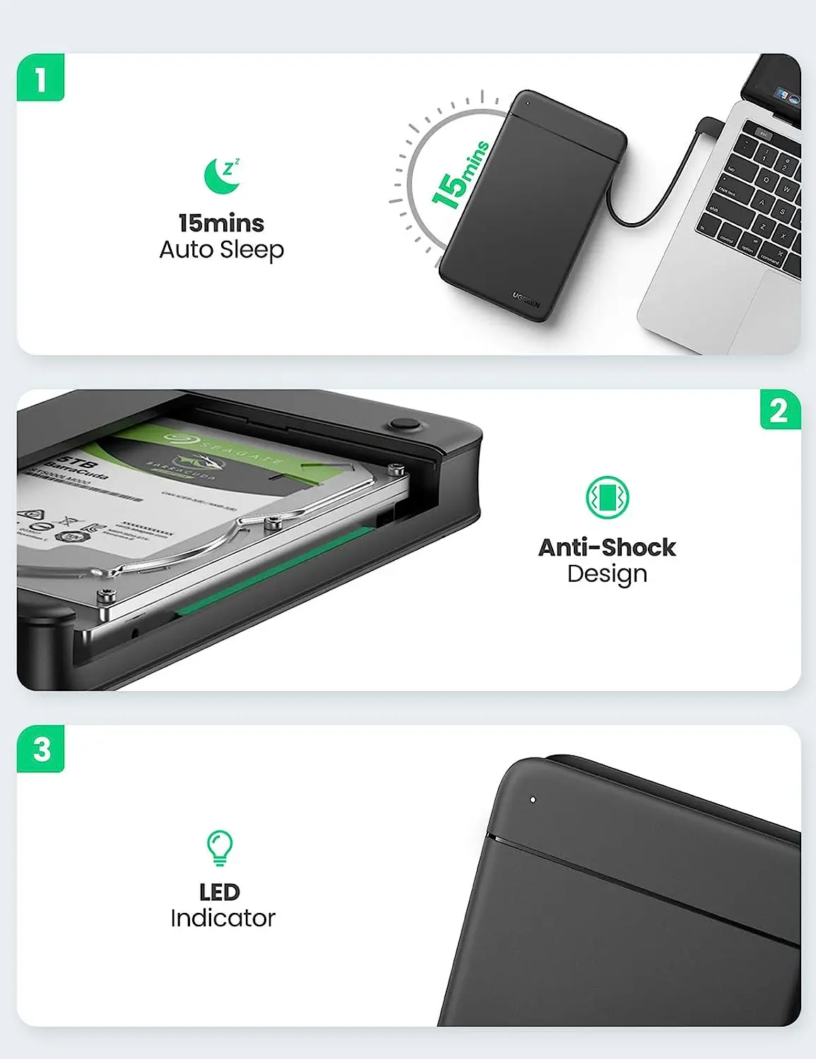 Boîtier de disque dur UGREEN USB C USB 3.1 Gen 1 vers SATA III 5Gbps pour SSD et disque dur 2.5 pouces boîtier de disque dur externe 9.5mm 7mm