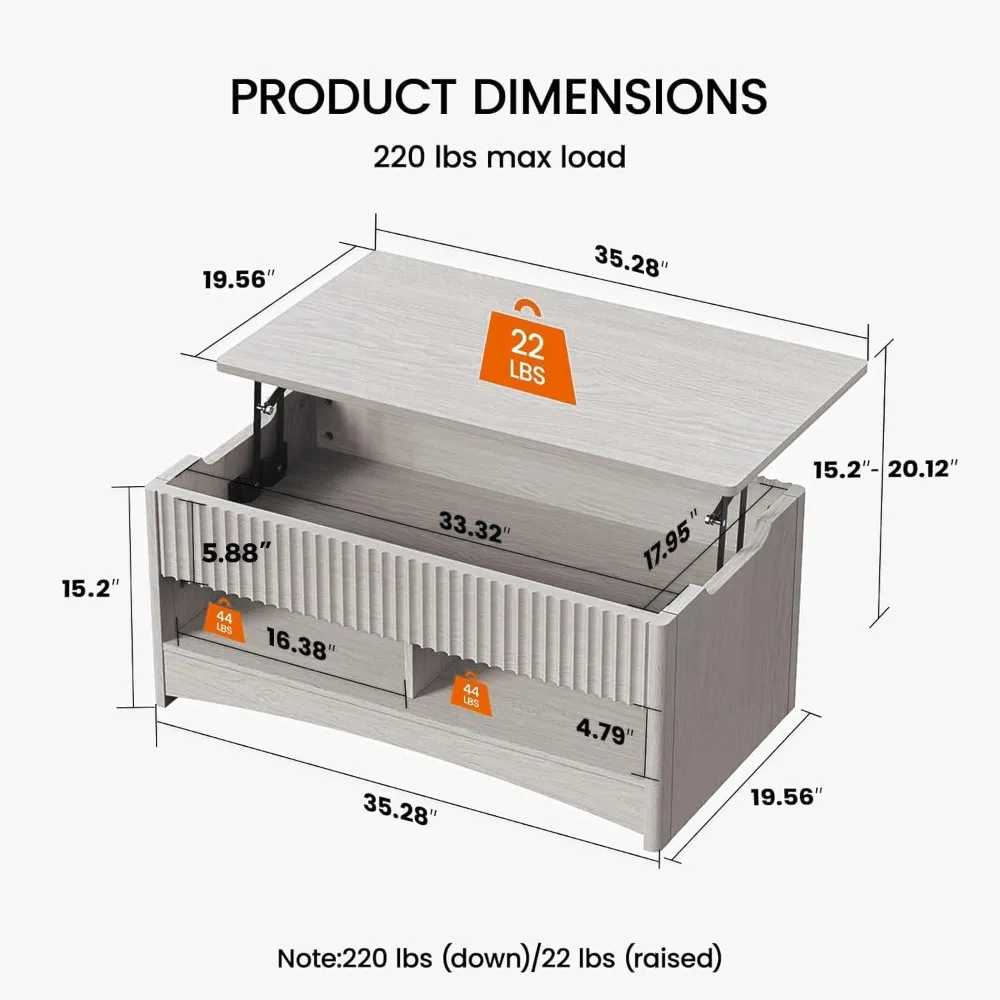 Table basse de rangement moderne avec plateau relevable, table centrale de salon rectangulaire, compartiment caché pour l'organisation
