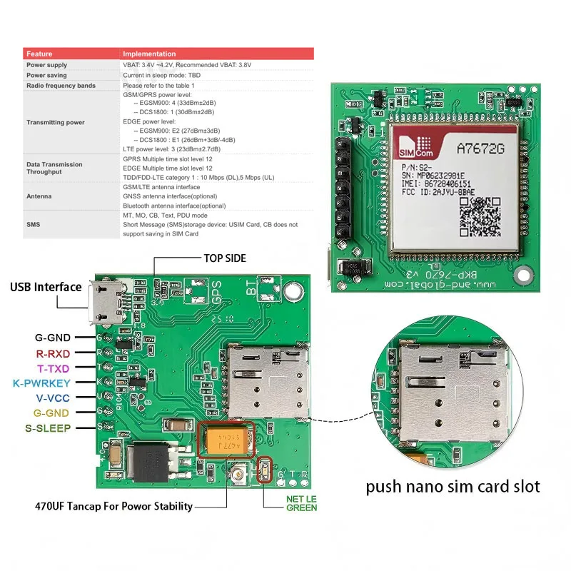 A7672G Push Nano Side Way SIM Slot Development Core Board SIMCOM 4G+2G LTE Cat1 Module breakout kit Global Bands