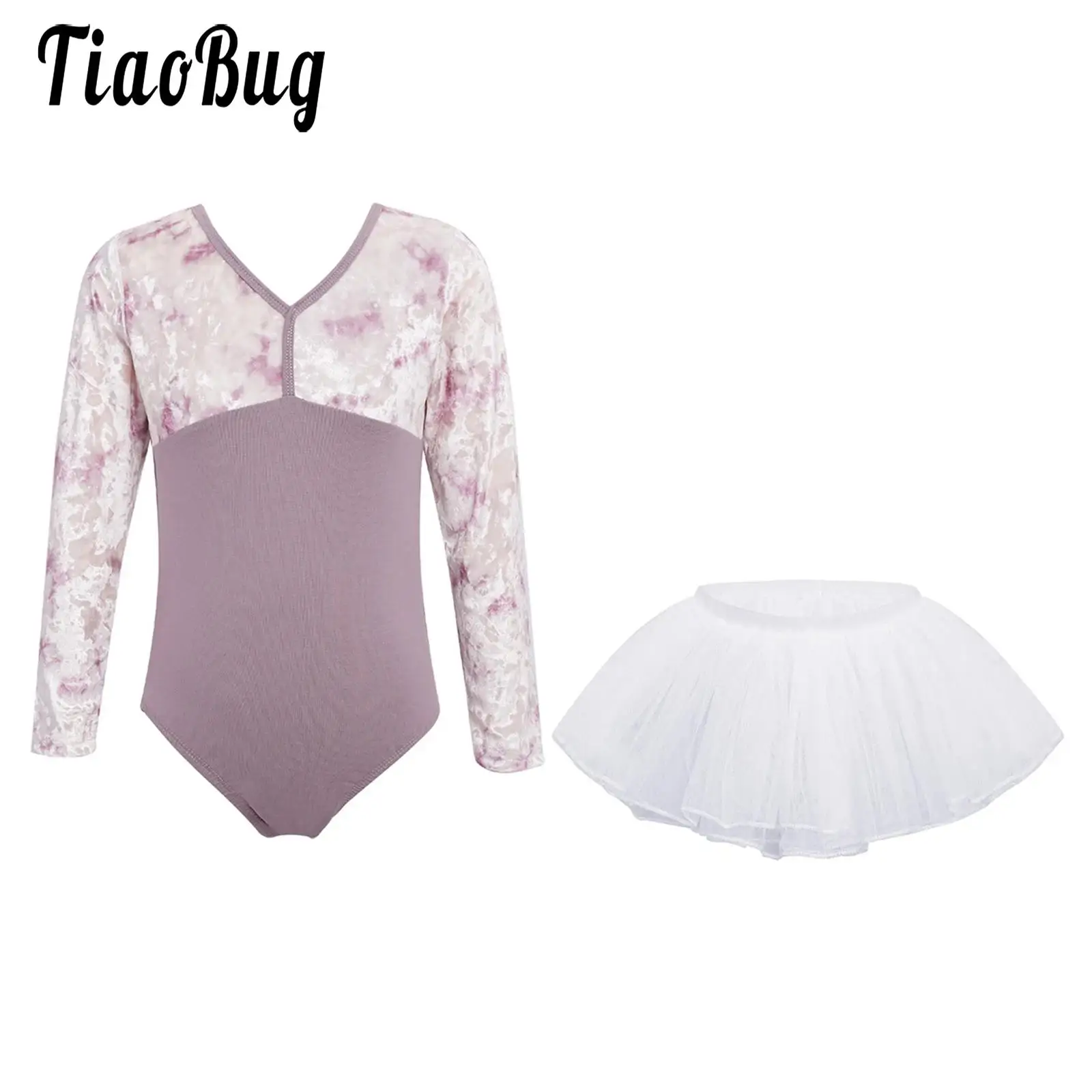 

Kids Girls Tutu Ballet Dance Costume Outfits Gymnastic Ballerina Performance Dresses Long Sleeve Velvet Leotard and Tulle Skirt