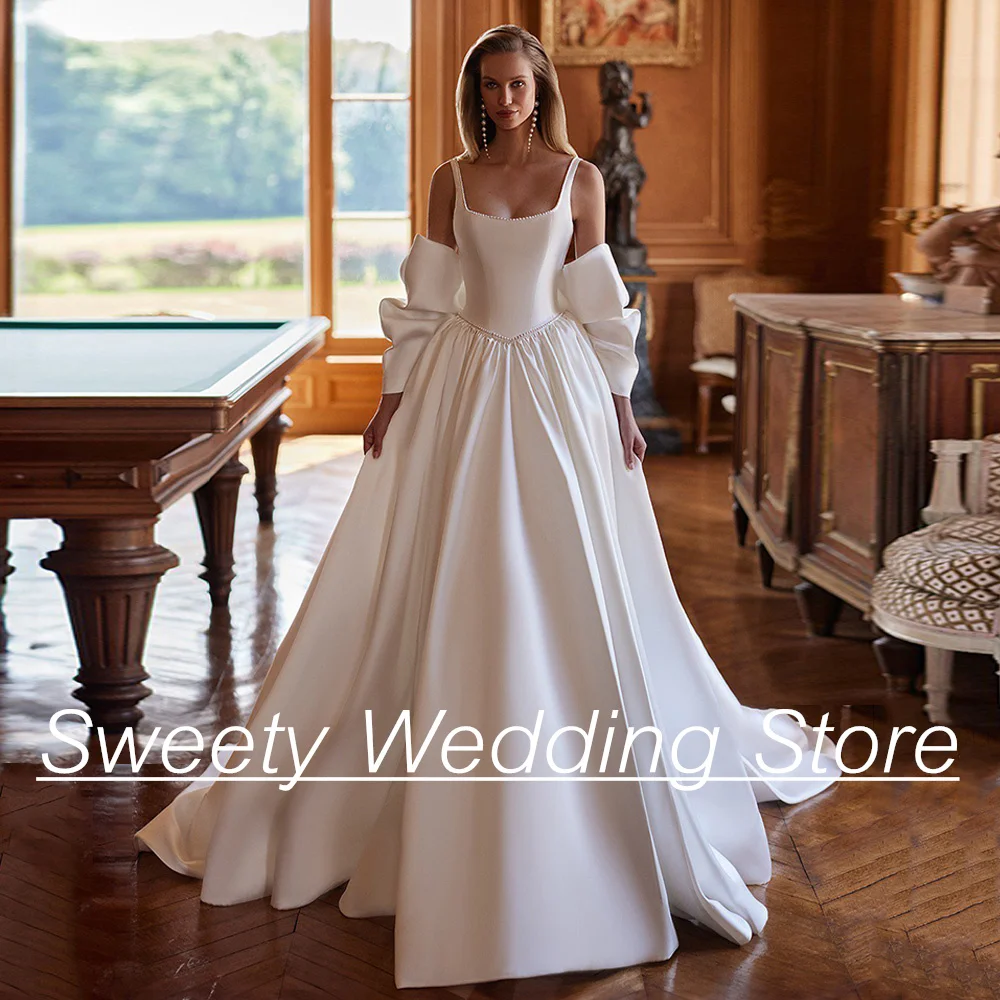 Robe de Mariée en Satin à Col Carré et Dos Ouvert, Vêtement de Patients avec Perles, Ligne A, Taille Personnalisée