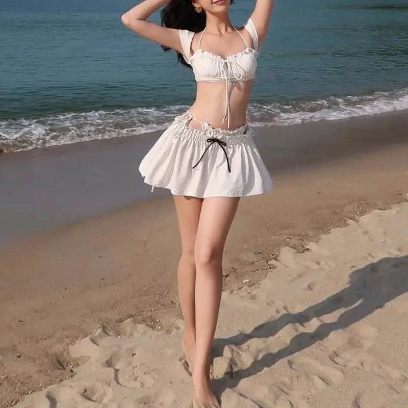 Ladies Low Waist String Swimwears Set with Beach Skirt Ruffled Siwmsuit Top 69HD