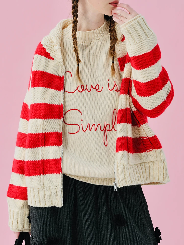 imakokoni striped knitted sweater for women in winter 2024, heavyweight apricot red and white striped sweater with zipper 244953