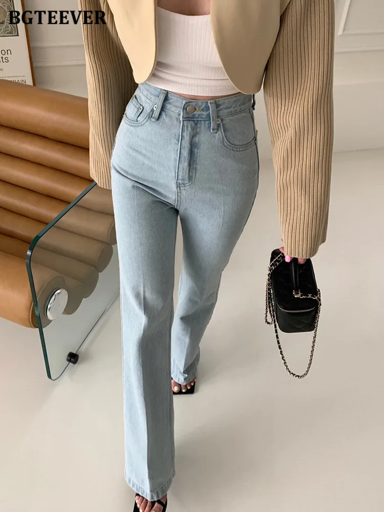 

BGTEEVER Casual Straight Ladies Jeans Pants High Waist Loose Pockets Female Denim Trousers 2022 Spring Summer Pantalon