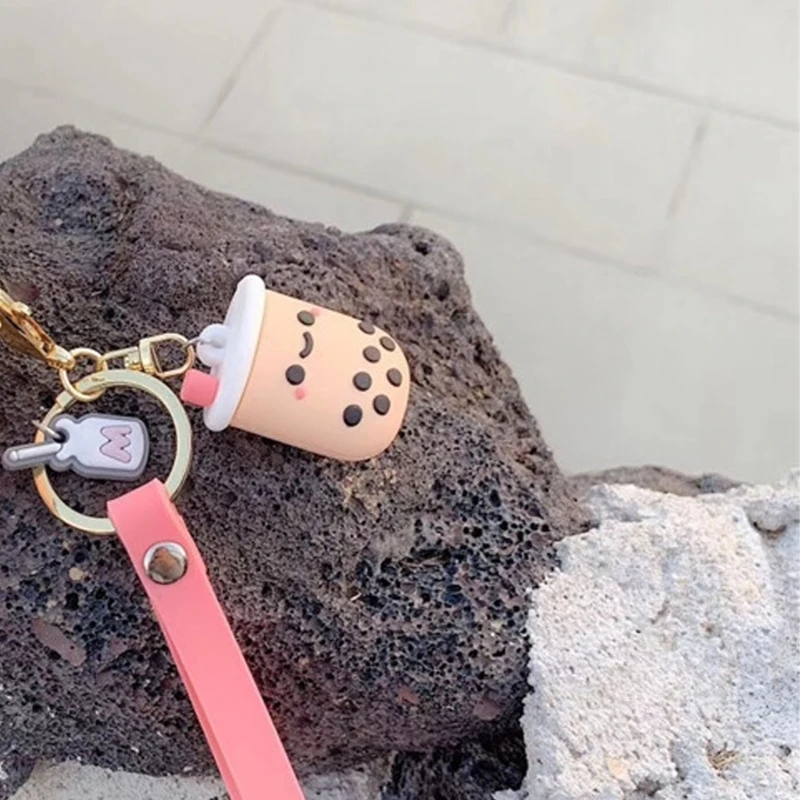 PVC Cartoon Pattern Bag Pendant Simulation Milk Tea Keychain Backpack Hanging Decoration Rings Gift for Girls Women