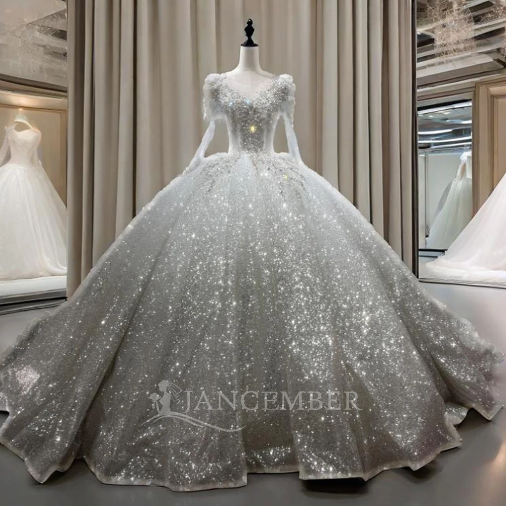 

White Ball Gown Wedding Dress With Shiny Lace Flowers Customized O-Neck Full Sleeves Wedding Gowns With Long Train As Photos